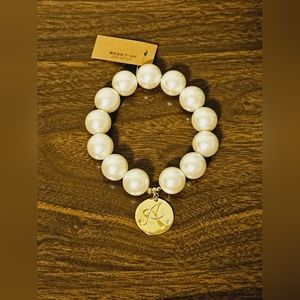 Chunky pearl bracelet with letter A gold medallion